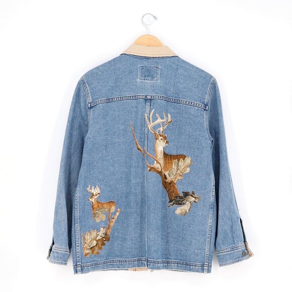Upcycled Denim Barn Jacket Deer Camo Embellished Vintage Ralph Lauren - Picture 2 of 10